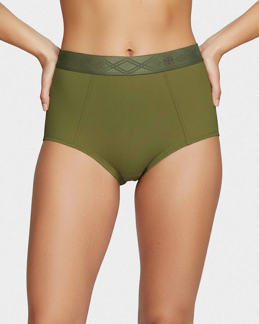 Maison Sarava women's high-waisted briefs in olive green Lyocell with a patterned satin elastic waistband.