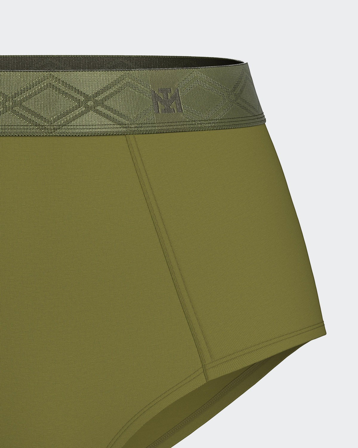 Maison Sarava women's high-waisted briefs in olive green Lyocell with a patterned satin elastic waistband.