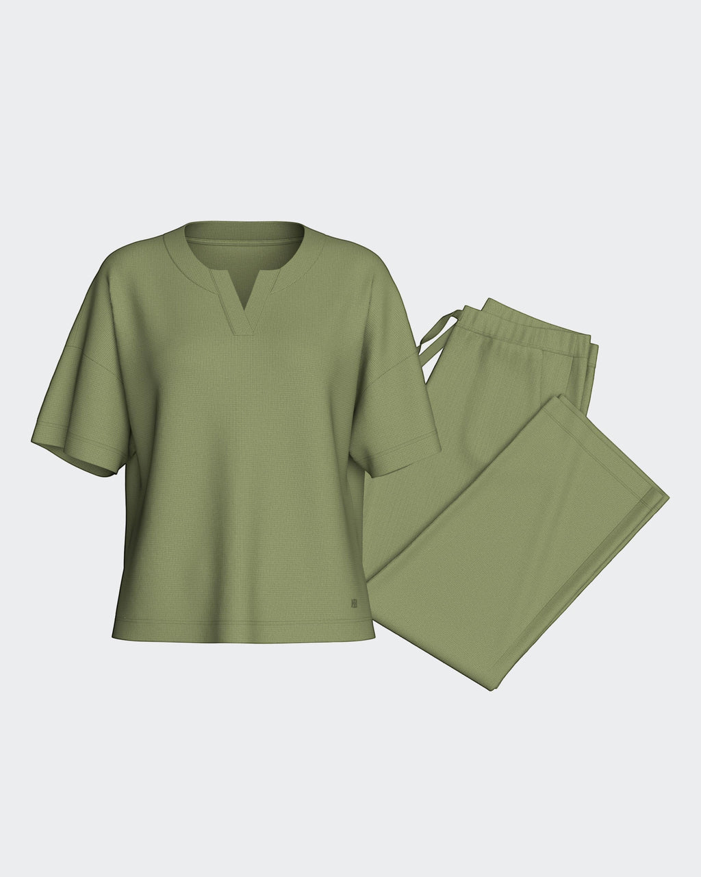 Maison Sarava women's olive green lyocell lounge set with short-sleeve V-neck top and drawstring pants.