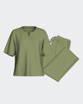 Maison Sarava women's olive green lyocell lounge set with short-sleeve V-neck top and drawstring pants.