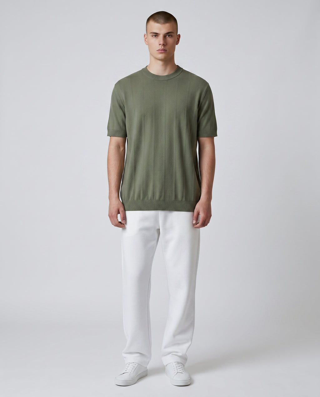 Maison Sarava men's short-sleeved t-shirt in olive green Lyocell with a subtle vertical stripe texture and crew neck.