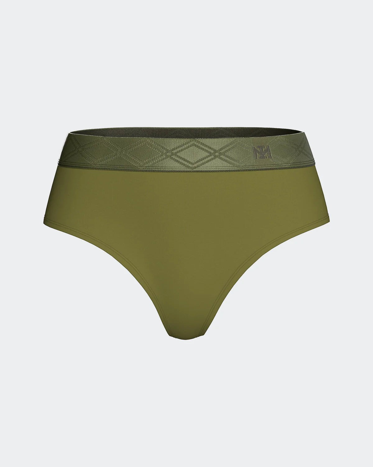 Maison Sarava women's olive green thong made from TENCEL™ Lyocell with a satin elasticated waistband featuring a diamond pattern.