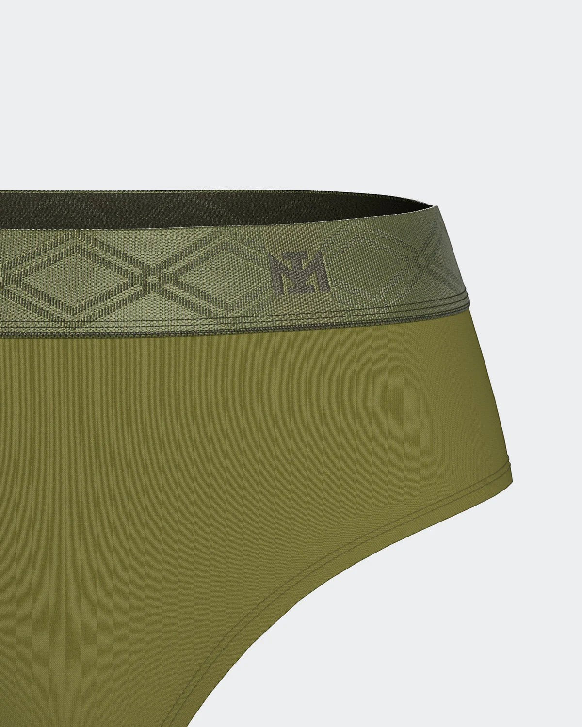 Maison Sarava women's olive green thong with satin elasticated waistband featuring a geometric pattern and logo.