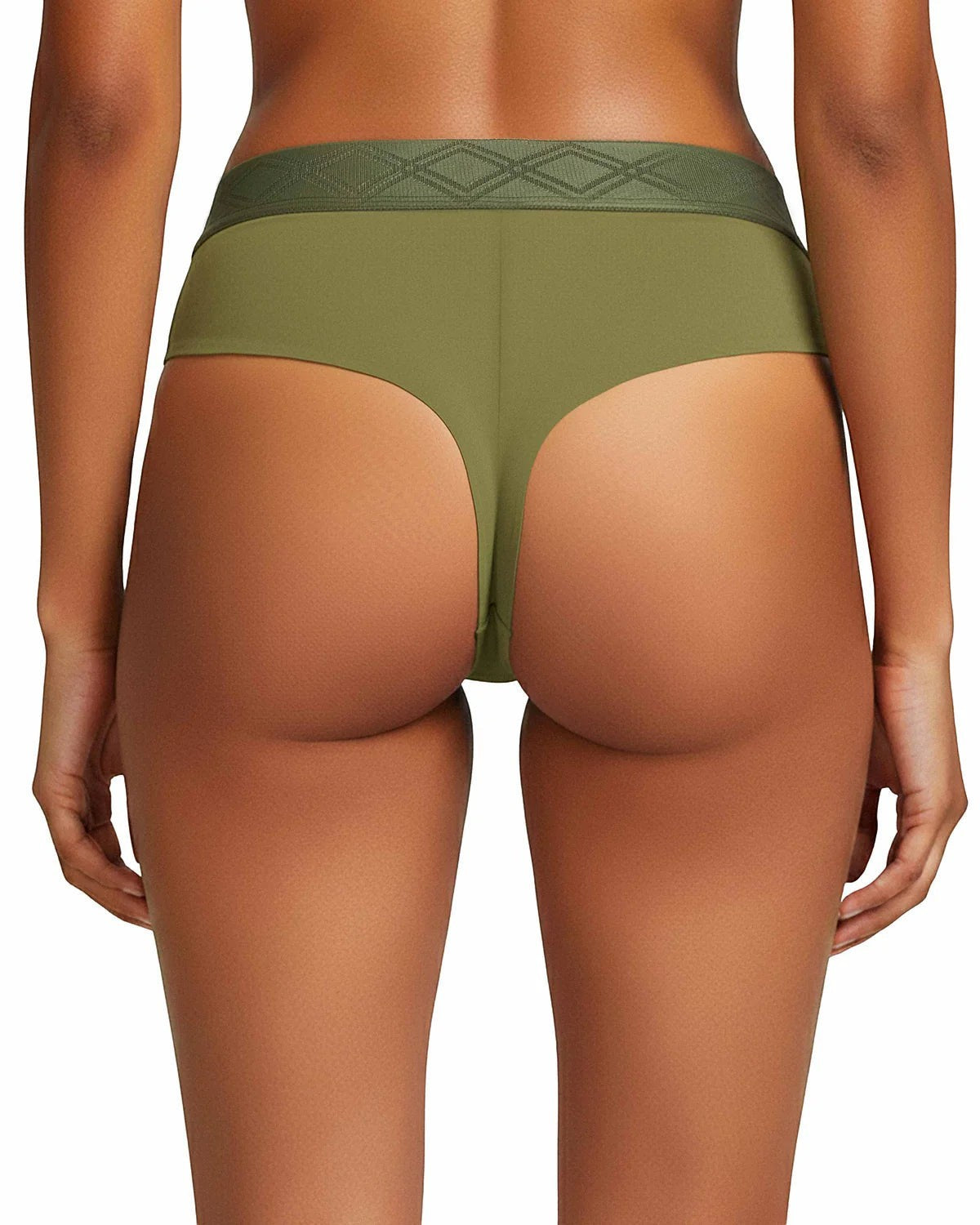 Maison Sarava women's olive green thong made from TENCEL™ Lyocell with a satin elasticated waistband.