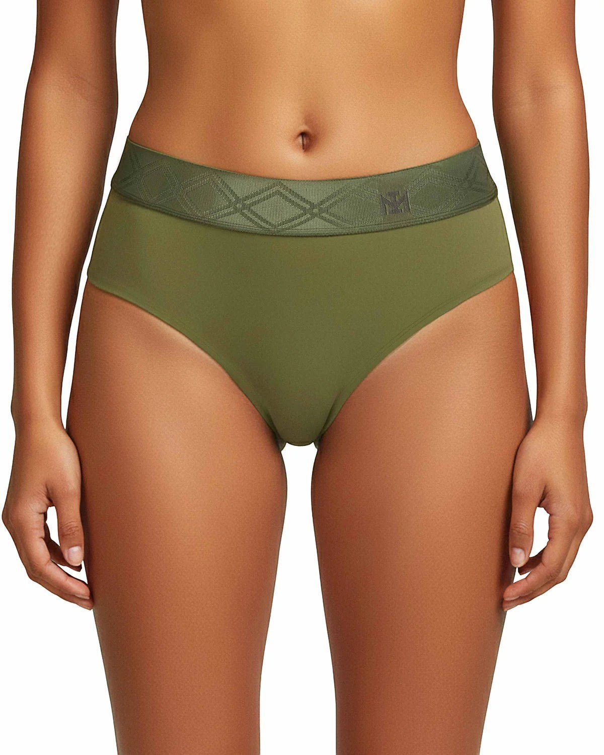 Maison Sarava women's olive green thong underwear made from TENCEL™ Lyocell with a satin elasticated waistband featuring a diamond pattern.