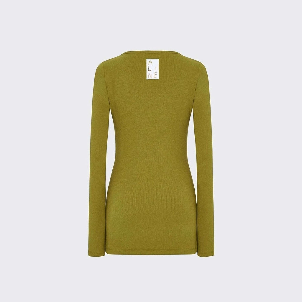 Maison Sarava women's olive green ribbed-jersey long-sleeve henley top with a form-fitting silhouette.