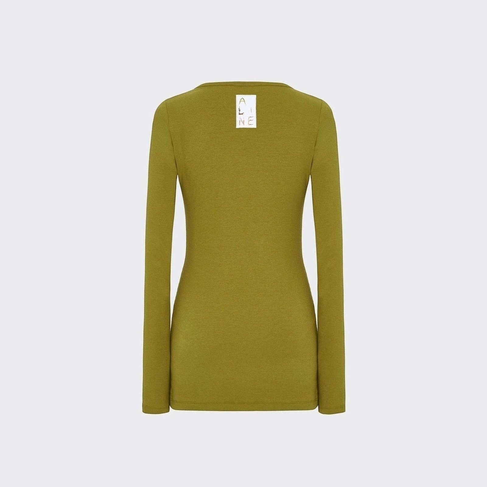Maison Sarava women's olive green ribbed-jersey long-sleeve henley top with a form-fitting silhouette.