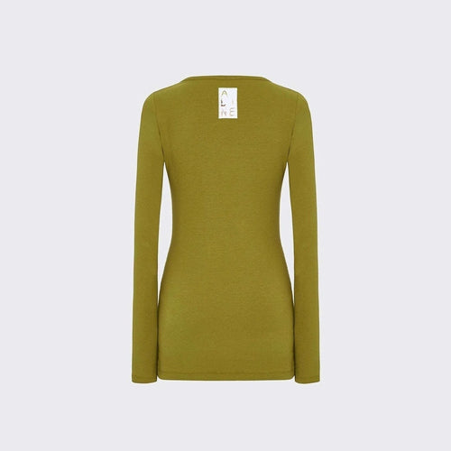 Maison Sarava women's olive green ribbed-jersey long-sleeve henley top with a form-fitting silhouette.