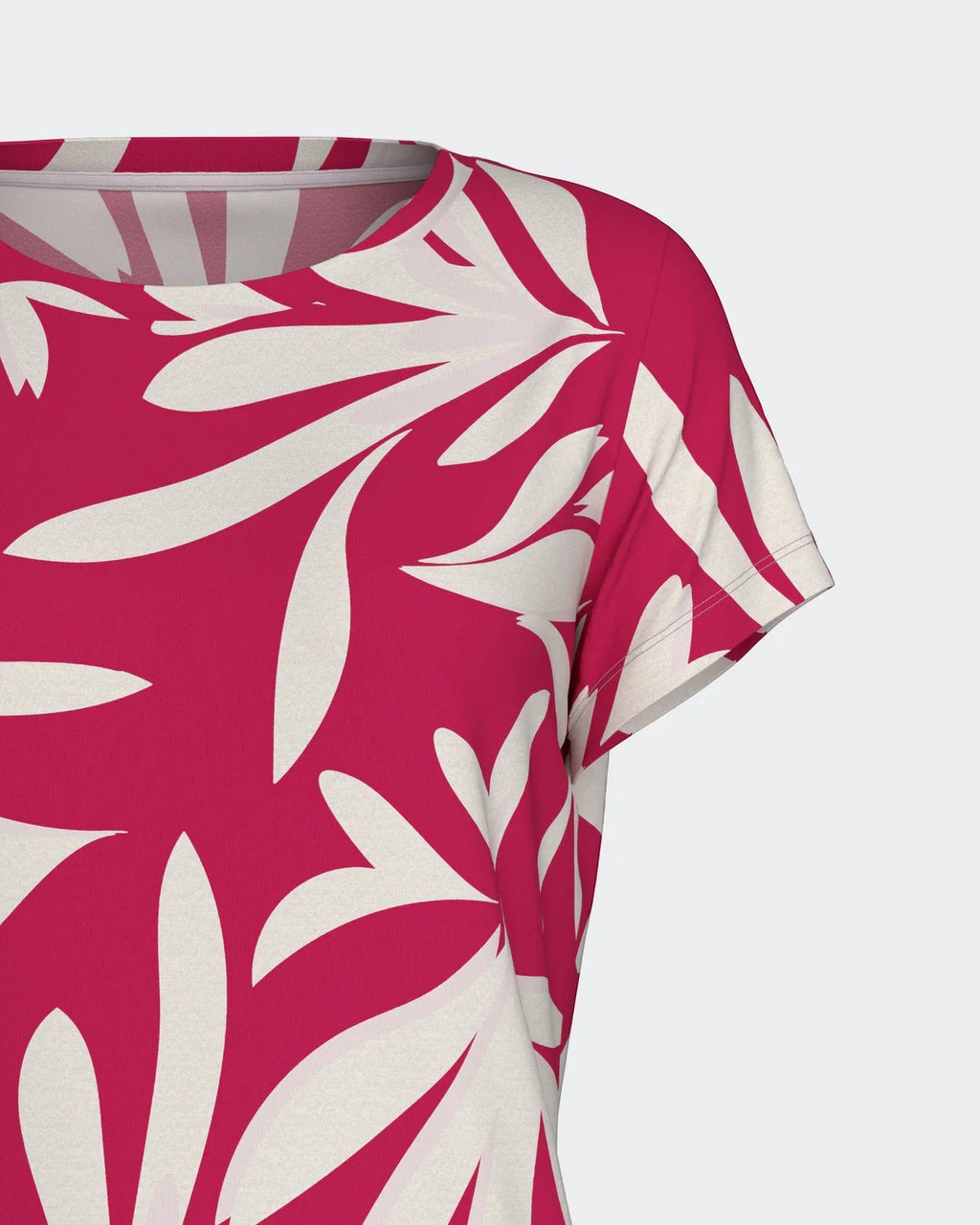 Maison Sarava women's pink lyocell short sleeve top with large cream floral print, part of a lounge set.
