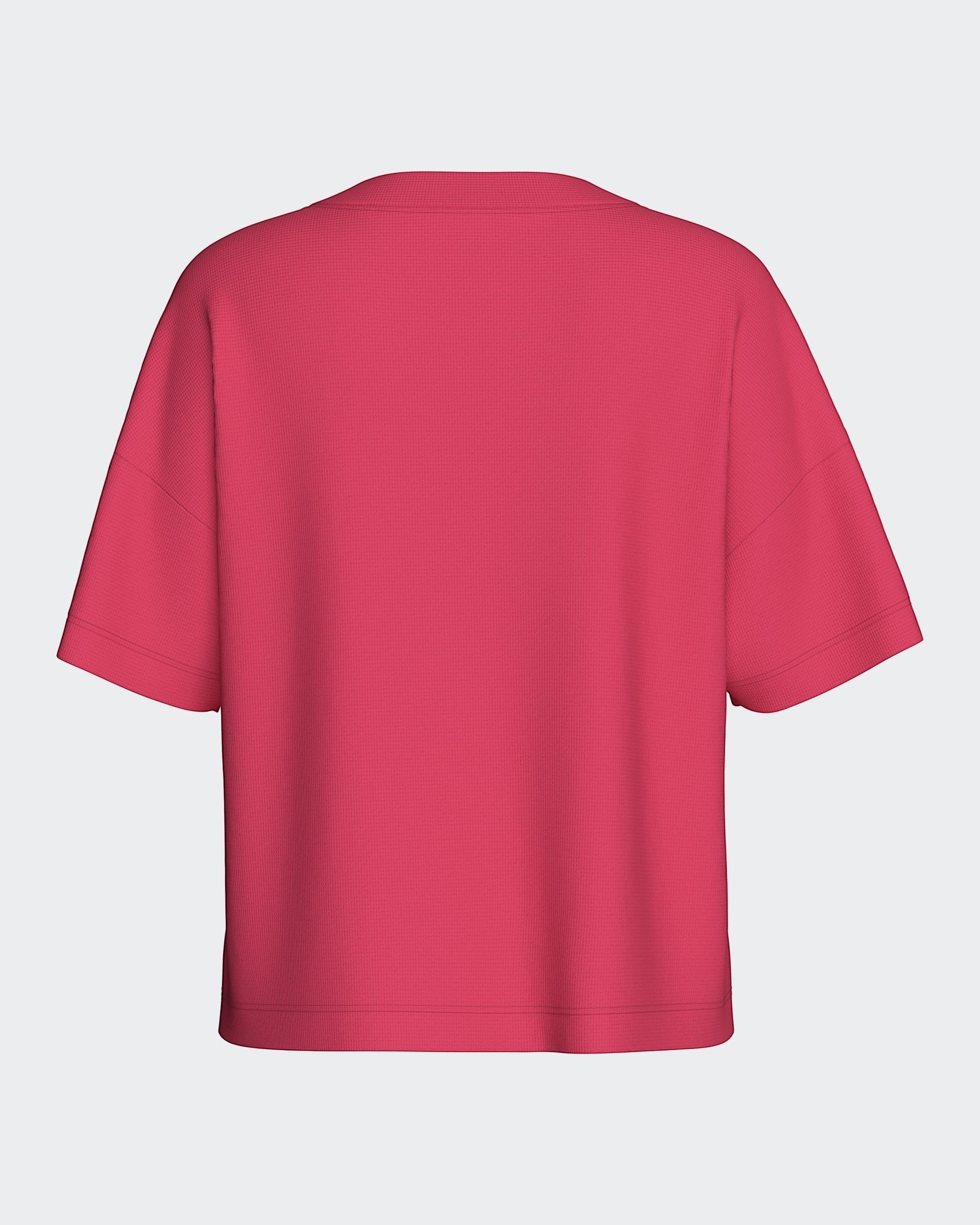 Maison Sarava women's relaxed fit short-sleeved top in textured pink TENCEL™ Modal knit. Made in Portugal.