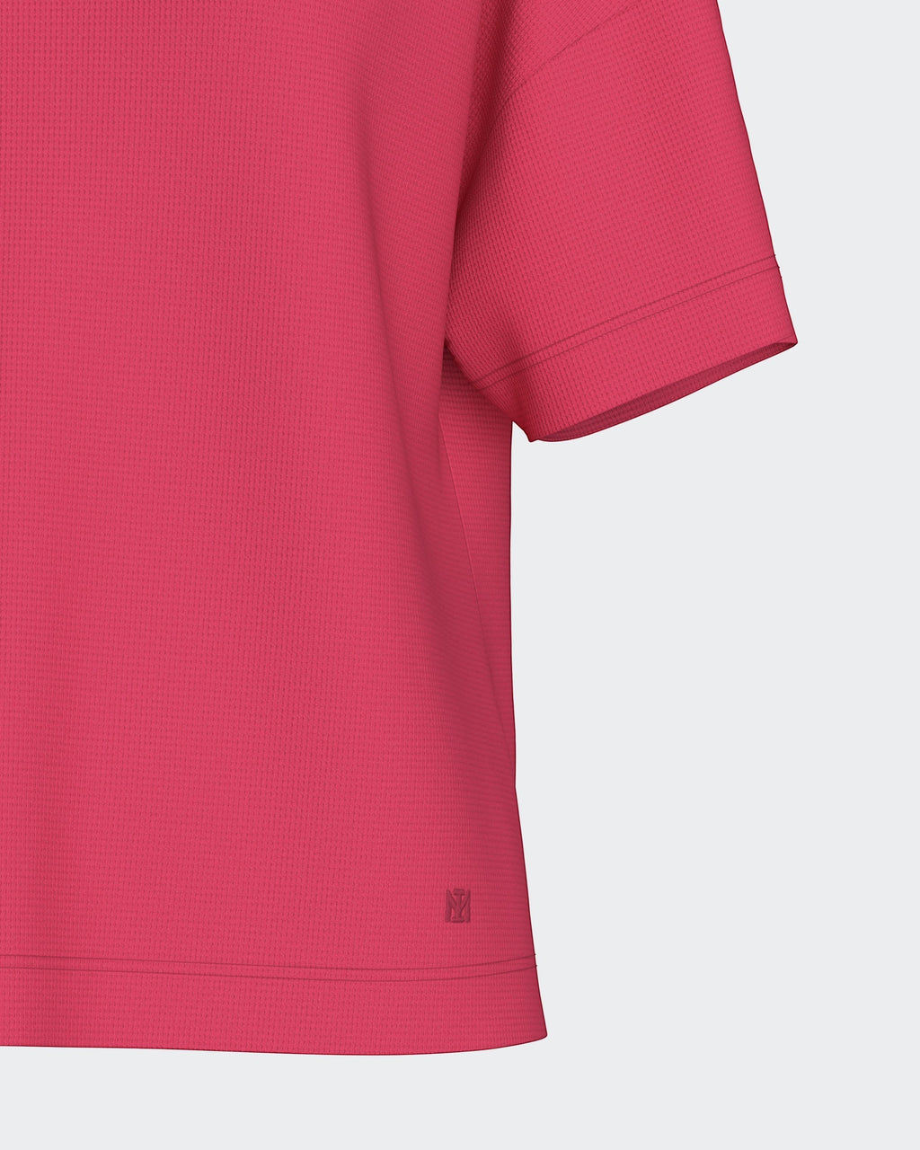 Maison Sarava women's relaxed fit pink textured knit TENCEL™ Modal short-sleeved top with subtle logo detail.