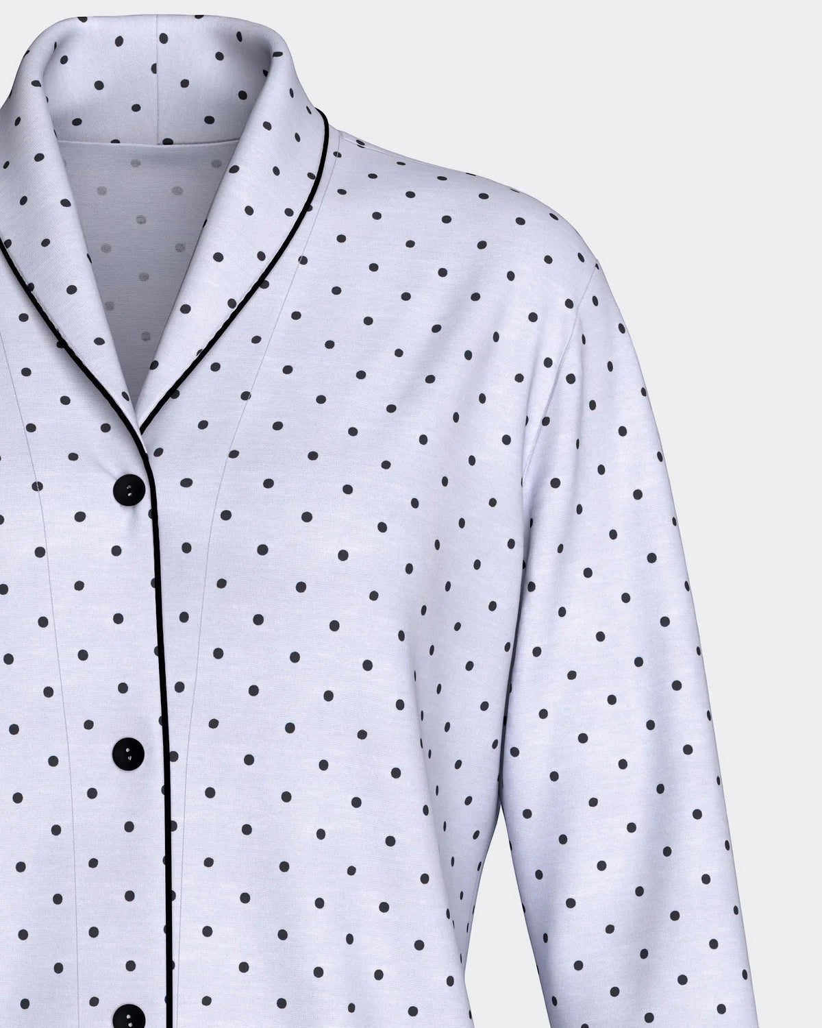 Maison Sarava women's light blue modal lounge set with black polka dots and contrast piping.