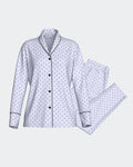 Maison Sarava white and black polka dot modal lounge set with lapel collar shirt and trousers.