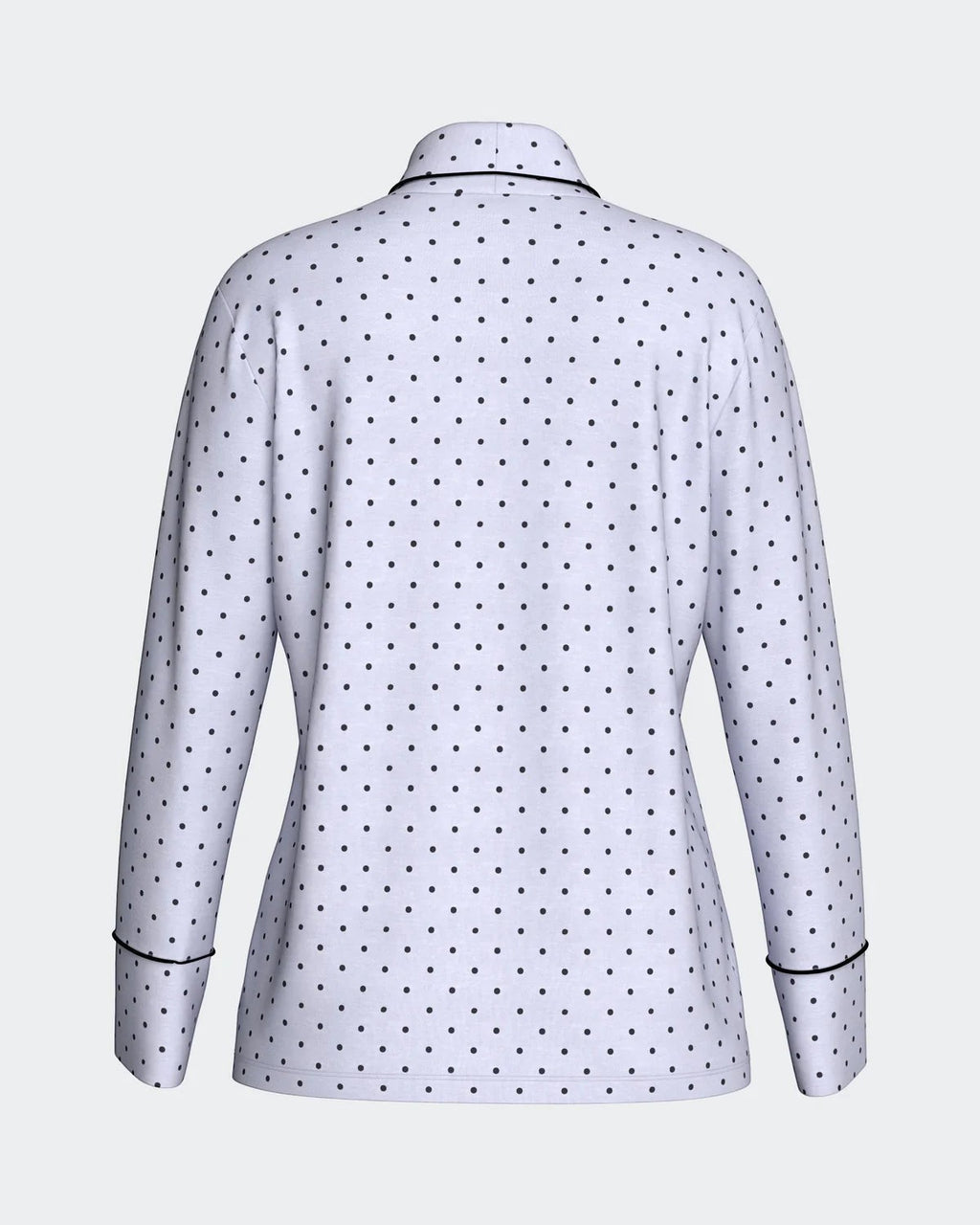 Maison Sarava women's white modal lounge set with black polka dots and black trim. Long sleeve shirt with lapel collar and button front.