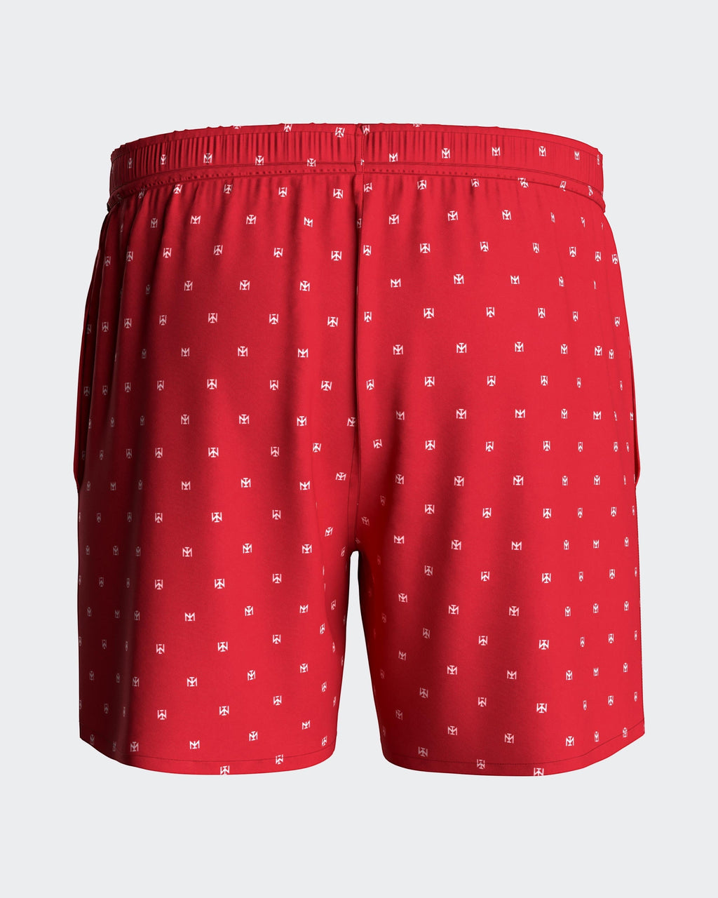 Maison Sarava red men's beach shorts with all-over white micro-pattern logo, elastic waistband, and side pockets.