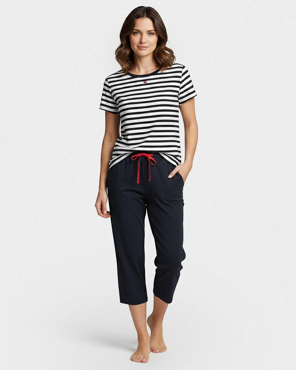 Maison Sarava women's navy blue and white striped cotton knit loungewear set with capri trousers and drawstring.
