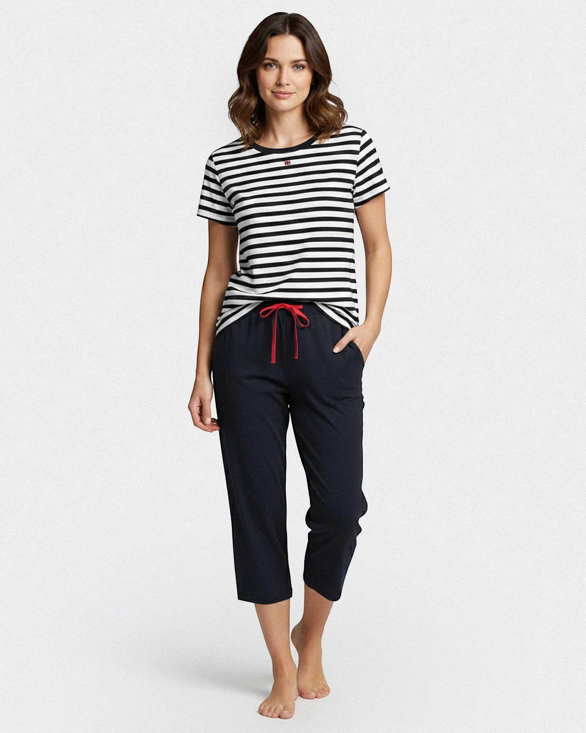 Maison Sarava women's navy blue and white striped cotton knit loungewear set with capri trousers and drawstring.
