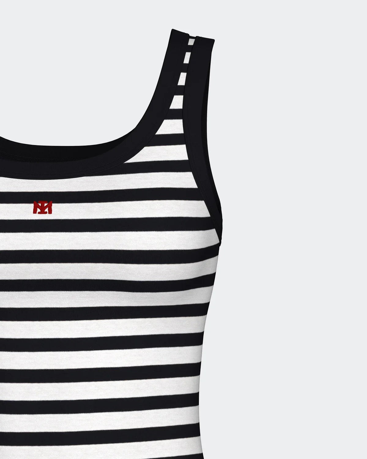 Maison Sarava women's black and white striped cotton knit sleeveless nightshirt with red logo detail.