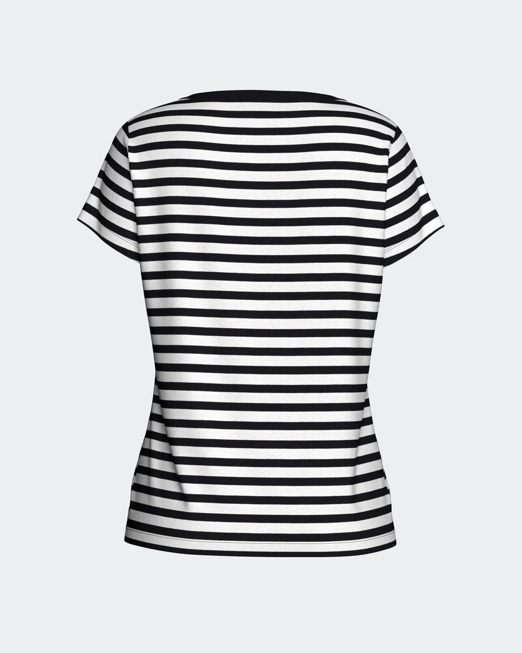 Maison Sarava women's navy blue and white striped 100% cotton short sleeve t-shirt.