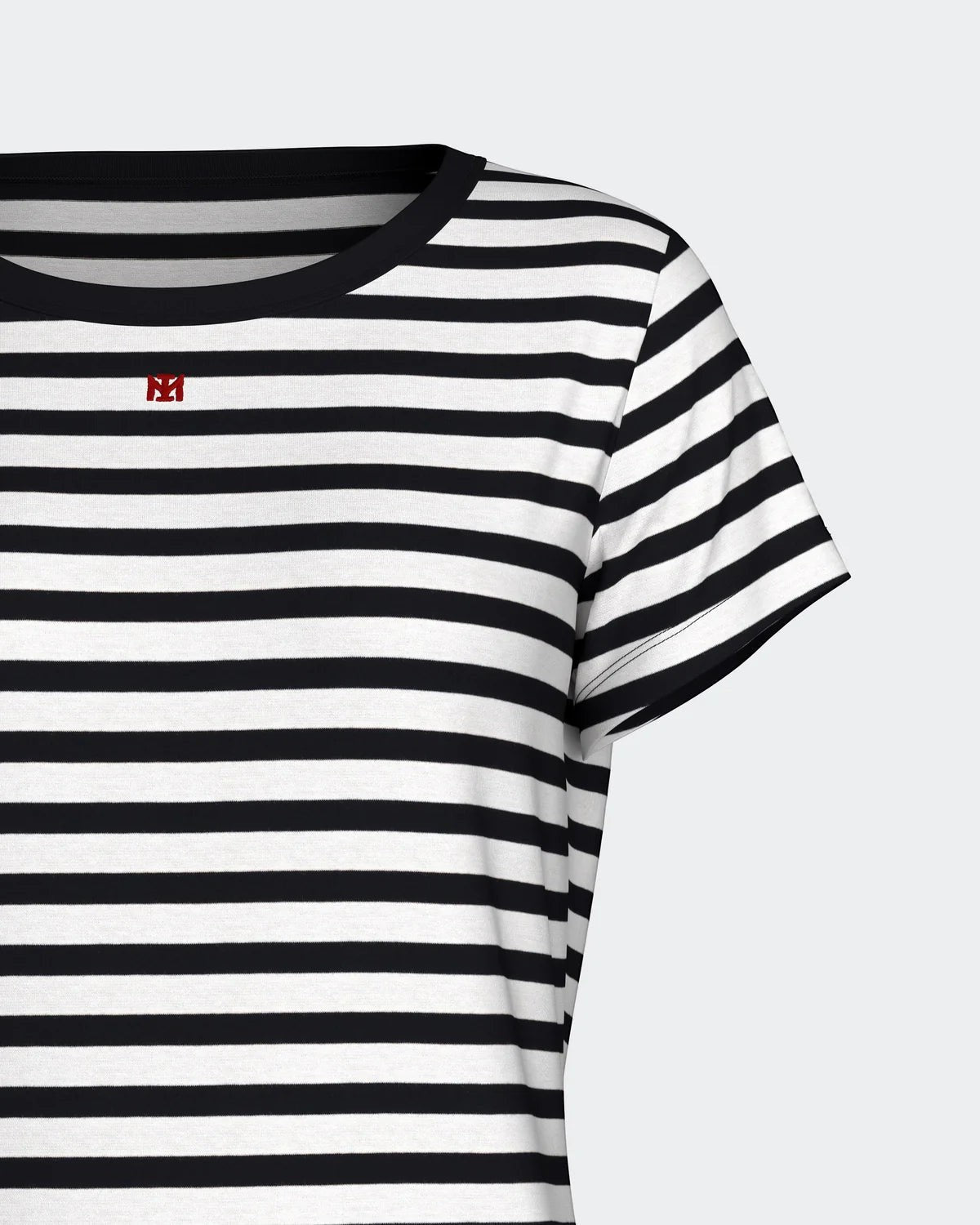 Maison Sarava women's navy blue and white striped 100% cotton short sleeve t-shirt with red logo detail.