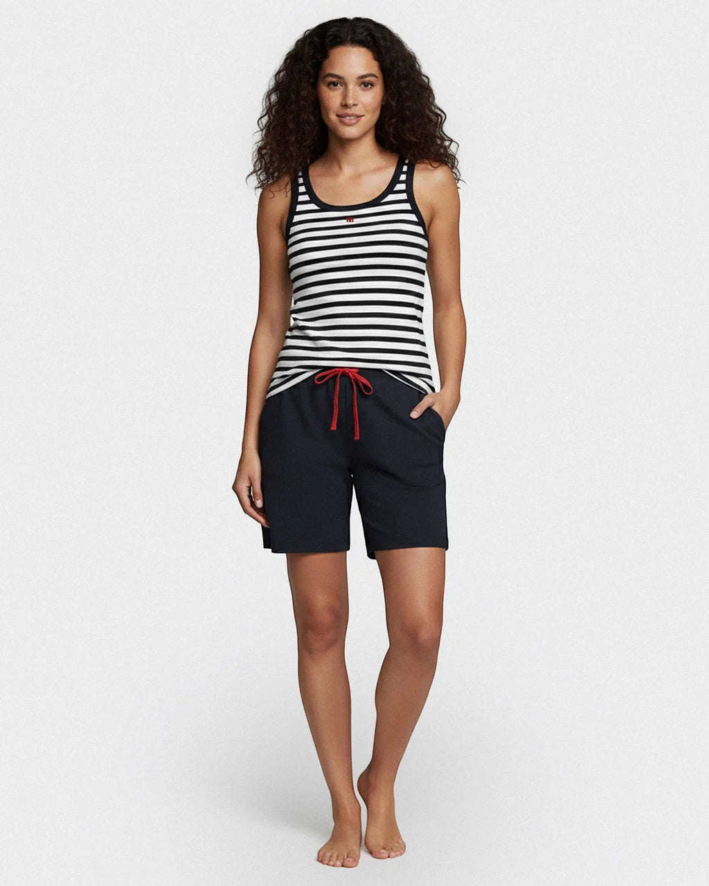 Maison Sarava women's navy blue and white striped tank top with red drawstring shorts. 100% cotton knit loungewear.