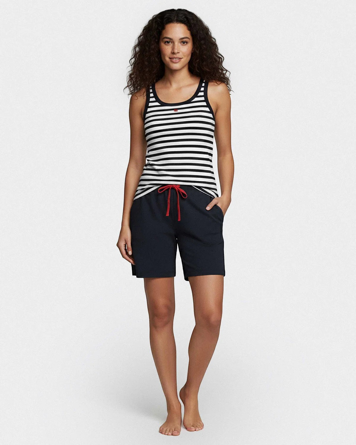 Maison Sarava women's navy blue and white striped tank top with red drawstring shorts. 100% cotton knit loungewear.