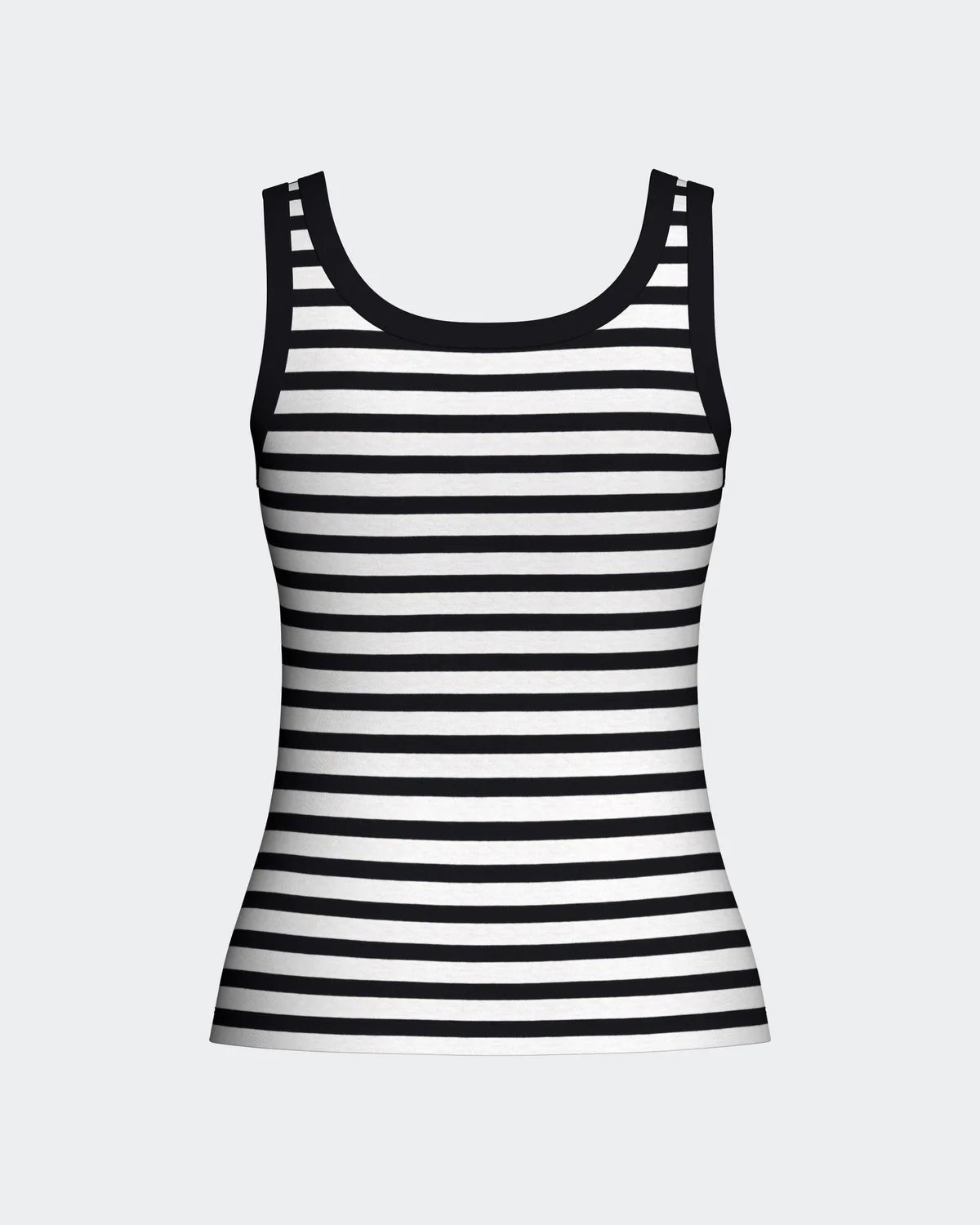 Maison Sarava women's black and white striped modal tank top with black trim. Sleeveless design.
