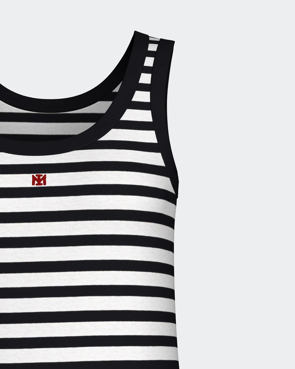 Maison Sarava women's black and white striped tank dress, sleeveless, relaxed fit, breathable fabric.