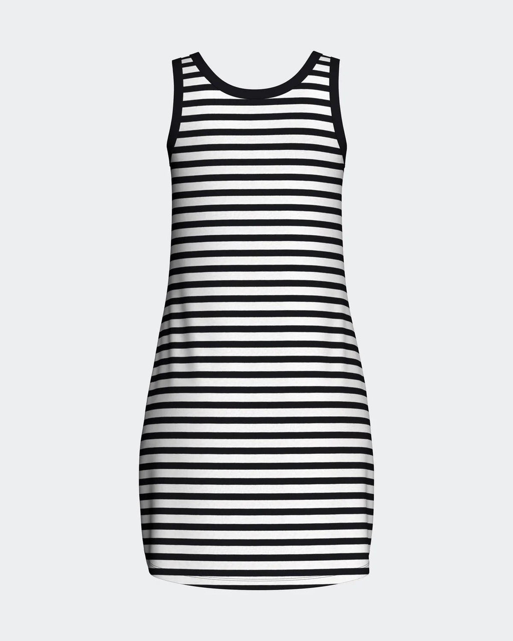 Maison Sarava women's black and white striped sleeveless tank dress, relaxed fit, crew neck.