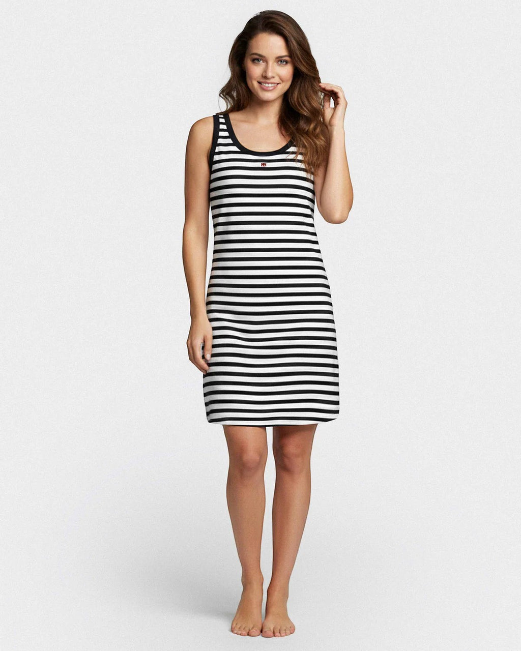 Maison Sarava women's black and white striped sleeveless tank dress, relaxed fit, crew neck.