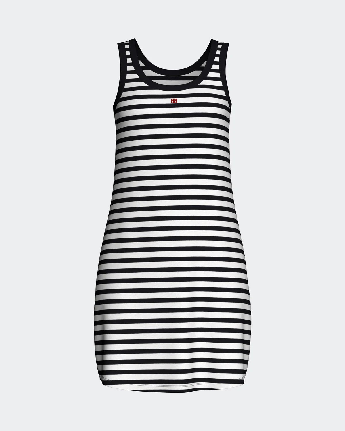 Maison Sarava women's black and white striped sleeveless tank dress, relaxed fit, crew neck.