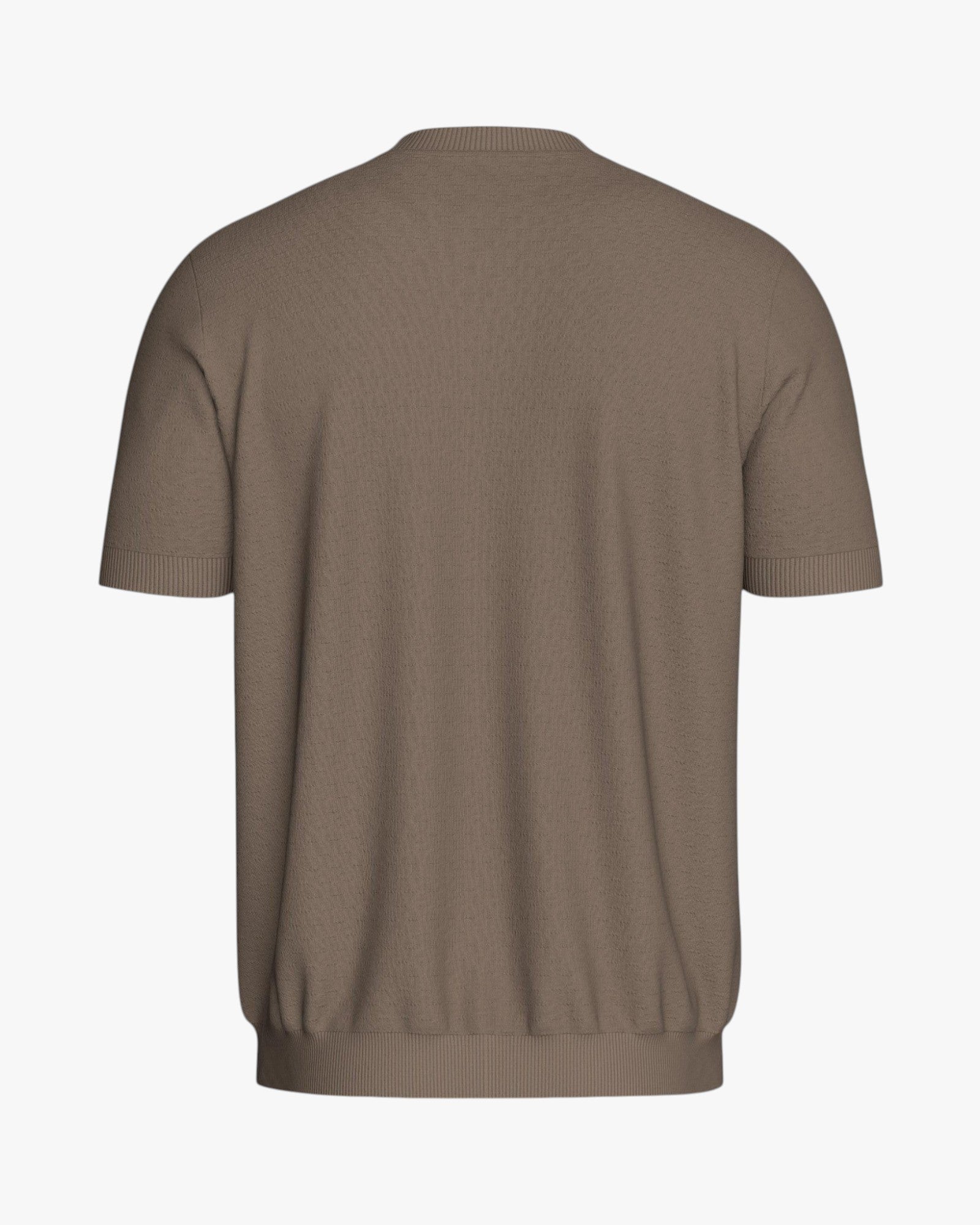 Maison Sarava taupe brown short sleeve knit top in Lyocell with crew neck and fine texture.