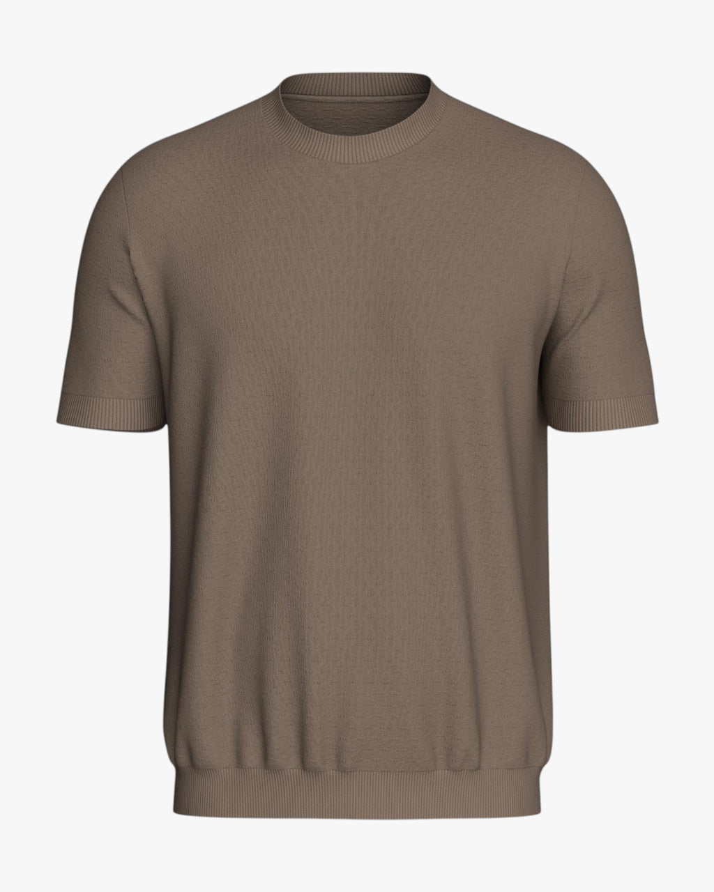 Maison Sarava taupe brown short sleeve knit top in Lyocell with crew neck and fine textured fabric.