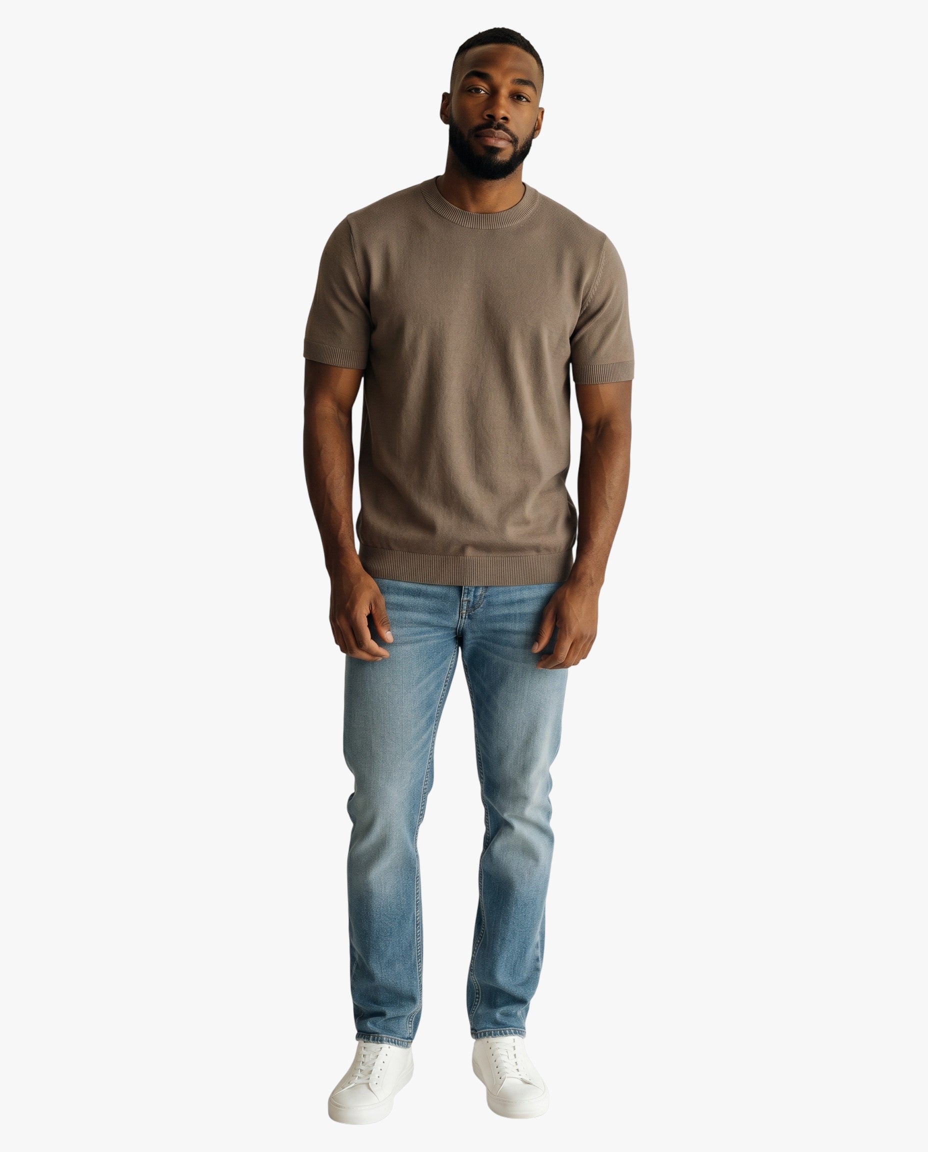 Maison Sarava men's taupe short-sleeved t-shirt in 100% Lyocell with a round neckline and textured knit.