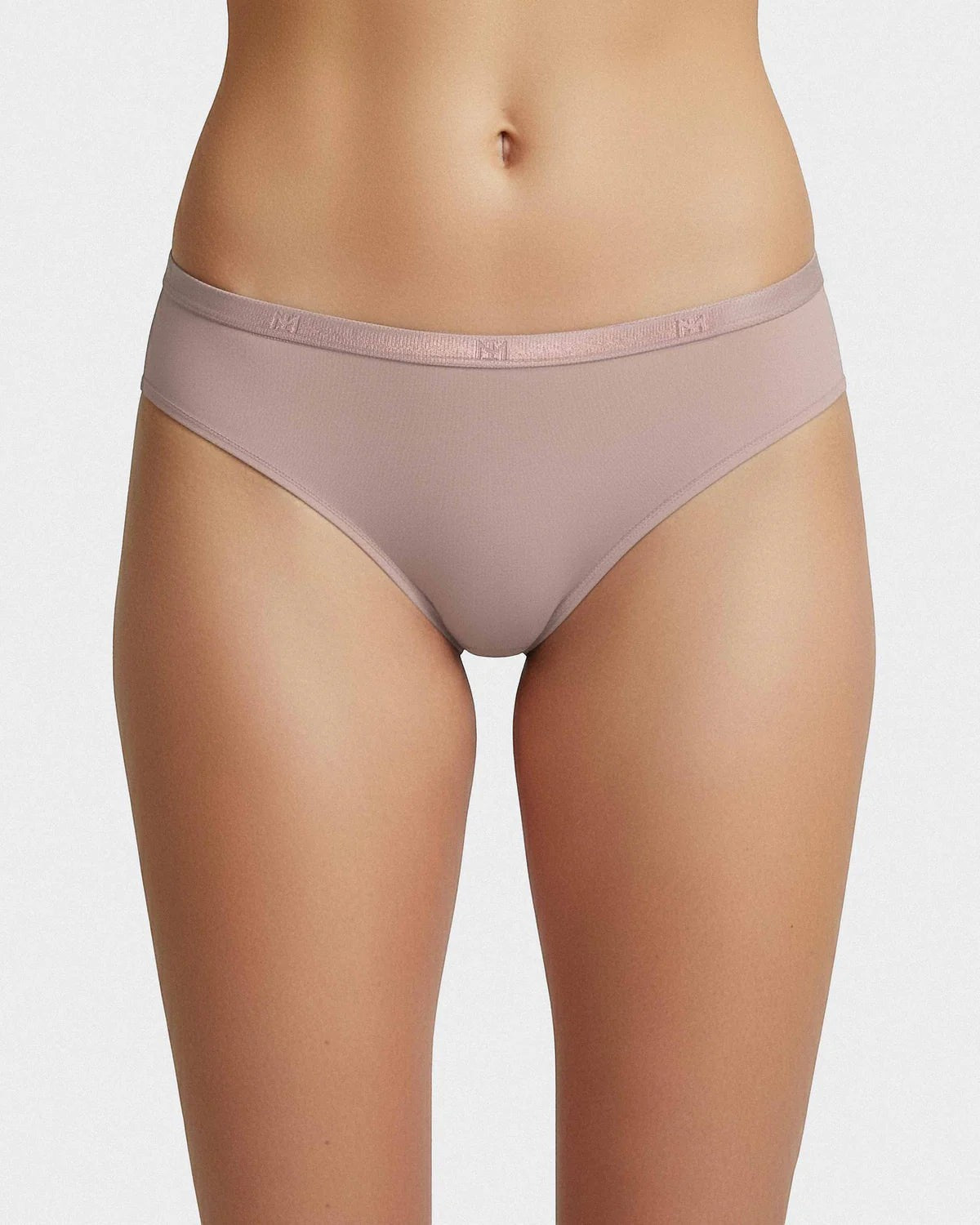 Maison Sarava women's taupe thong in soft Lyocell with elasticated waistband featuring subtle logo detail.
