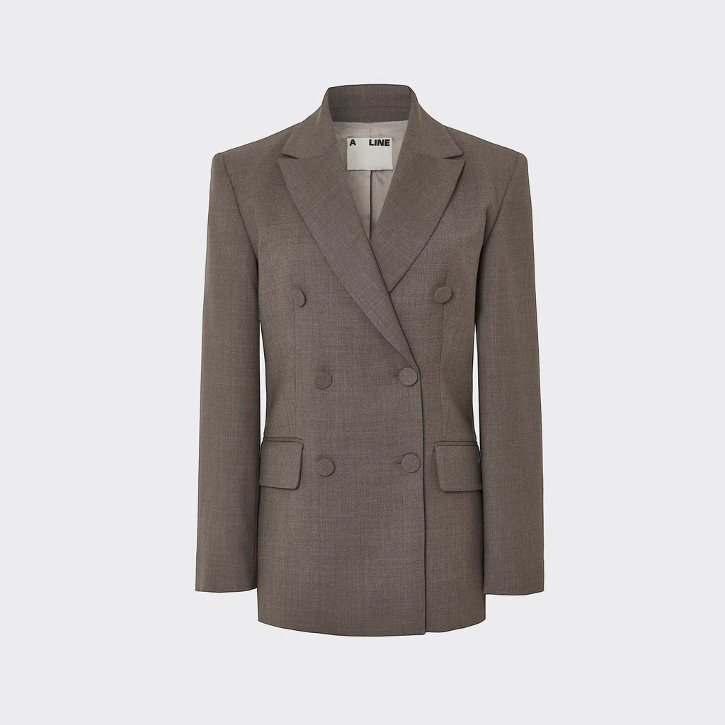 Maison Sarava women's taupe wool double-breasted blazer with peak lapels and flap pockets.