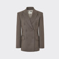 Maison Sarava women's taupe wool double-breasted blazer with peak lapels and flap pockets.