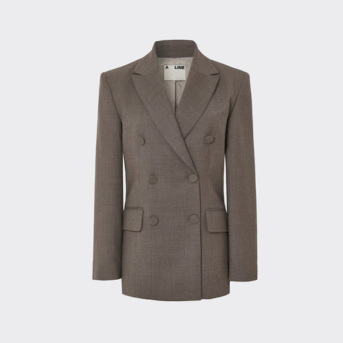 Maison Sarava women's taupe wool double-breasted blazer with peak lapels and flap pockets.