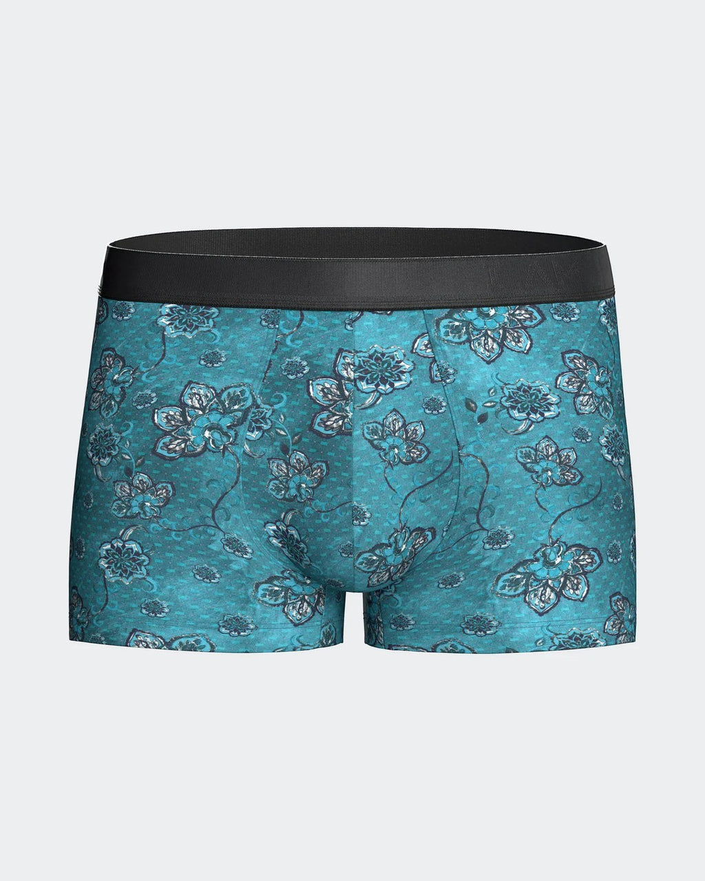 Maison Sarava men's teal floral print boxer briefs made from TENCEL Lyocell. Features elastic waistband.