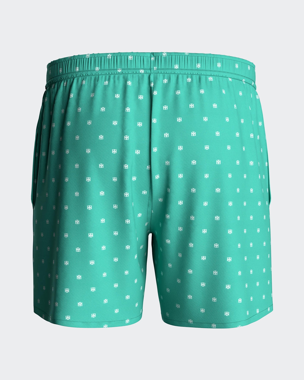 Maison Sarava men's teal swim trunks with white micro-pattern logo, elastic waistband, drawstring, and side pockets.