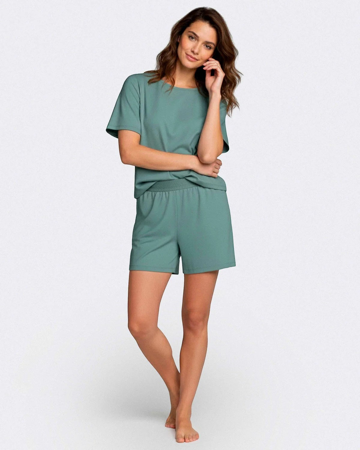 Maison Sarava women's teal modal short sleeve lounge set with elasticated waistband shorts.