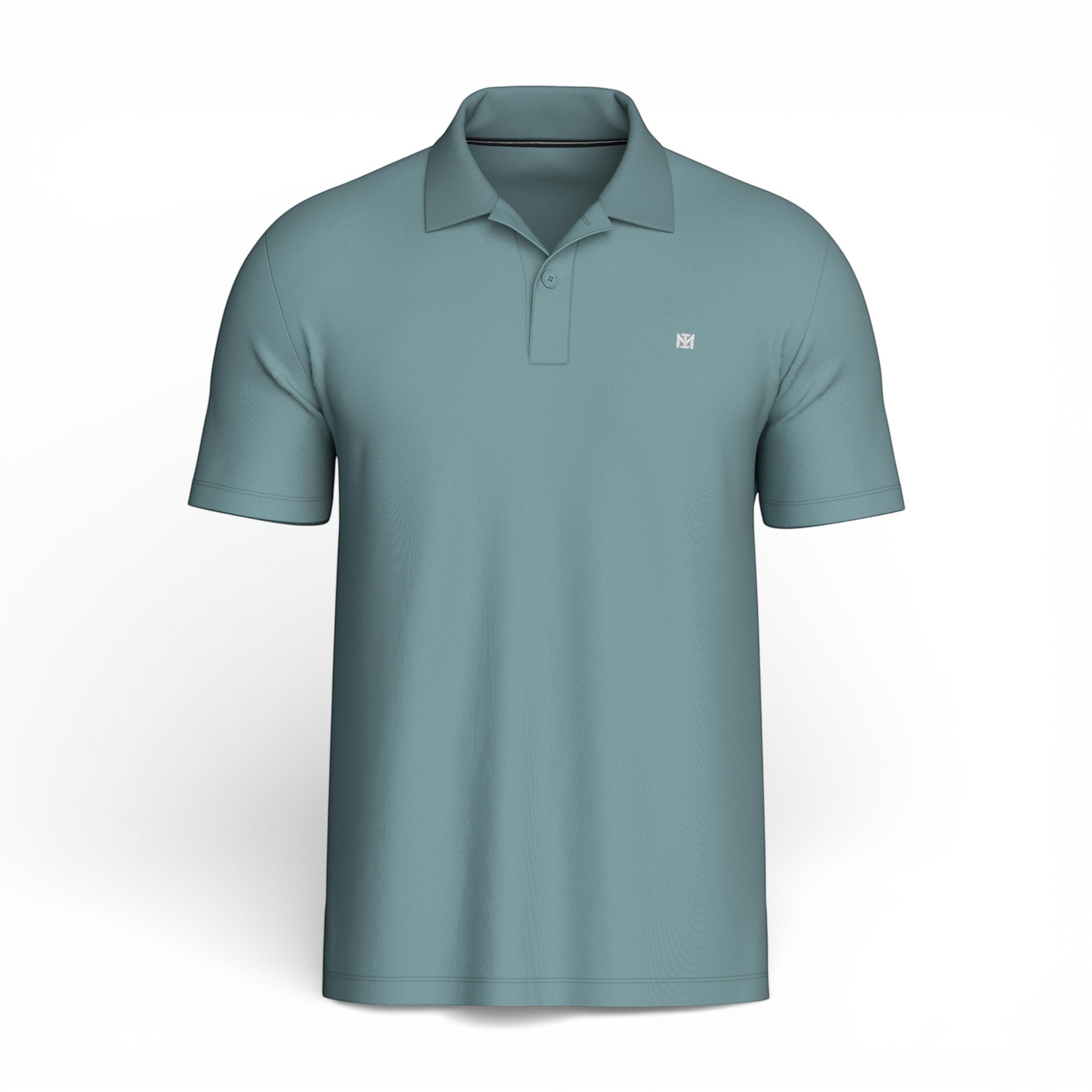 Maison Sarava teal blue short sleeve polo shirt with a two-button placket and subtle embroidered logo.