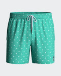 Maison Sarava men's teal swim trunks with white micro-pattern logo, drawstring waist, side pockets, and inner mesh lining.
