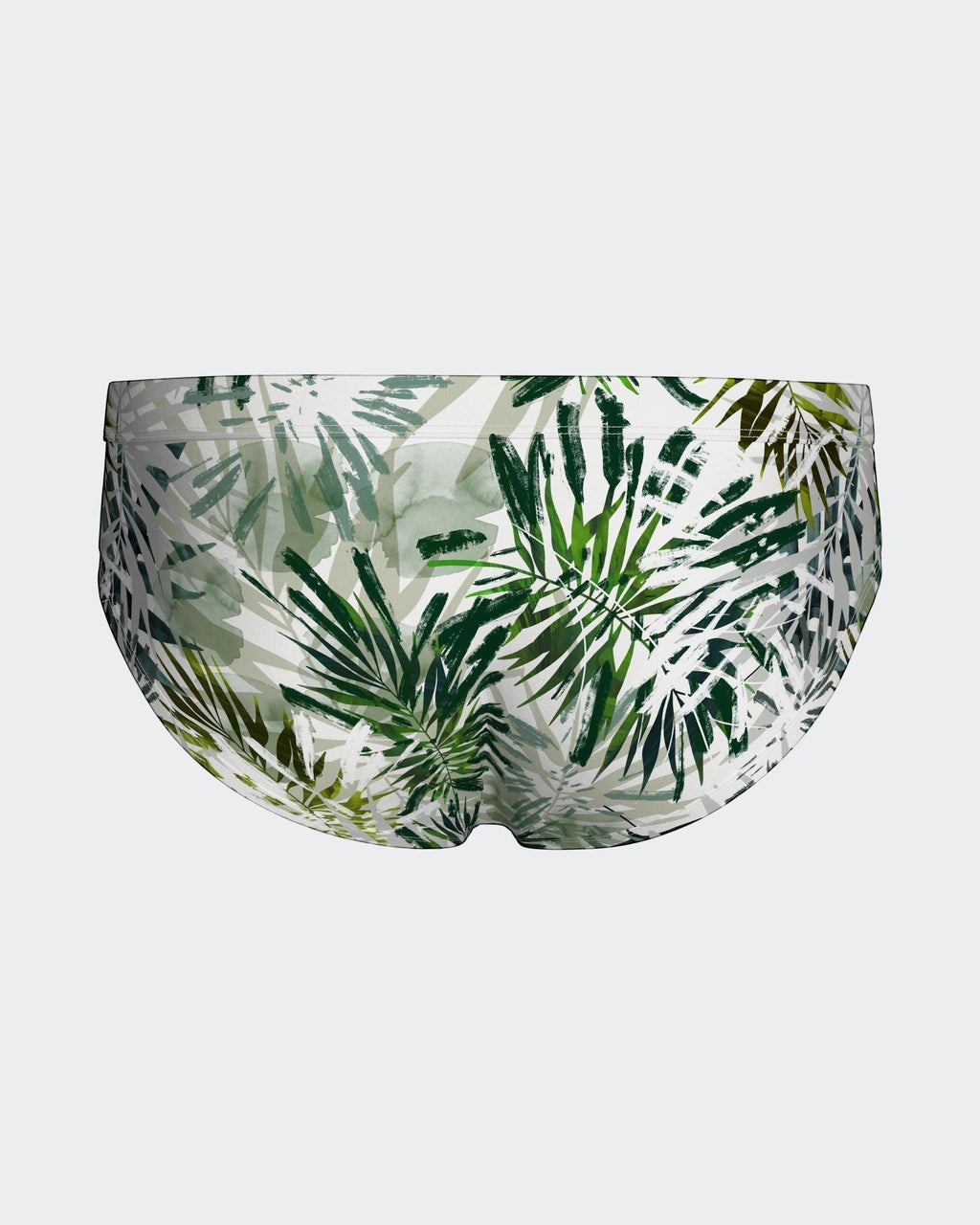Maison Sarava tropical leaf print swim briefs in green and white. Form-fitting, quick-drying fabric.