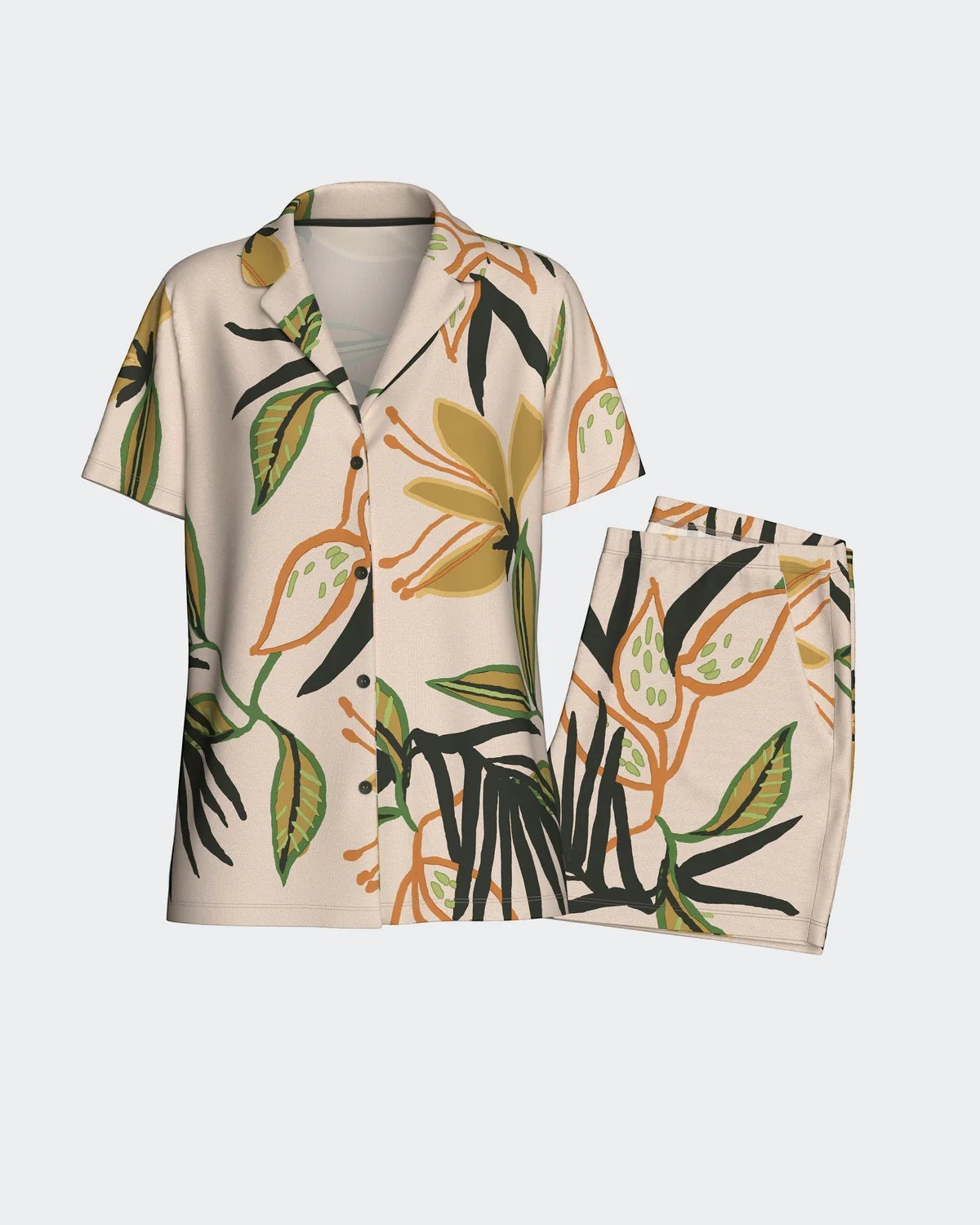 Maison Sarava women's modal lounge set with tropical print, featuring a short-sleeve button-up shirt and shorts.