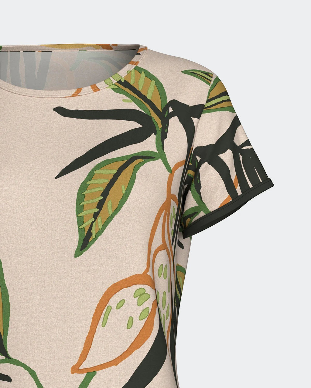 Maison Sarava women's short sleeve lounge top with a tropical leaf print in green, orange, and dark green on a cream lyocell fabric.