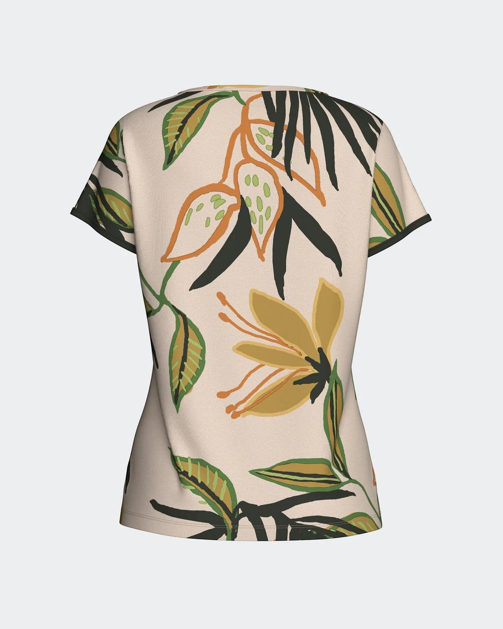 Maison Sarava women's short-sleeved top with a beige background and a vibrant tropical floral print in green, orange, and yellow. Made from Lyocell.