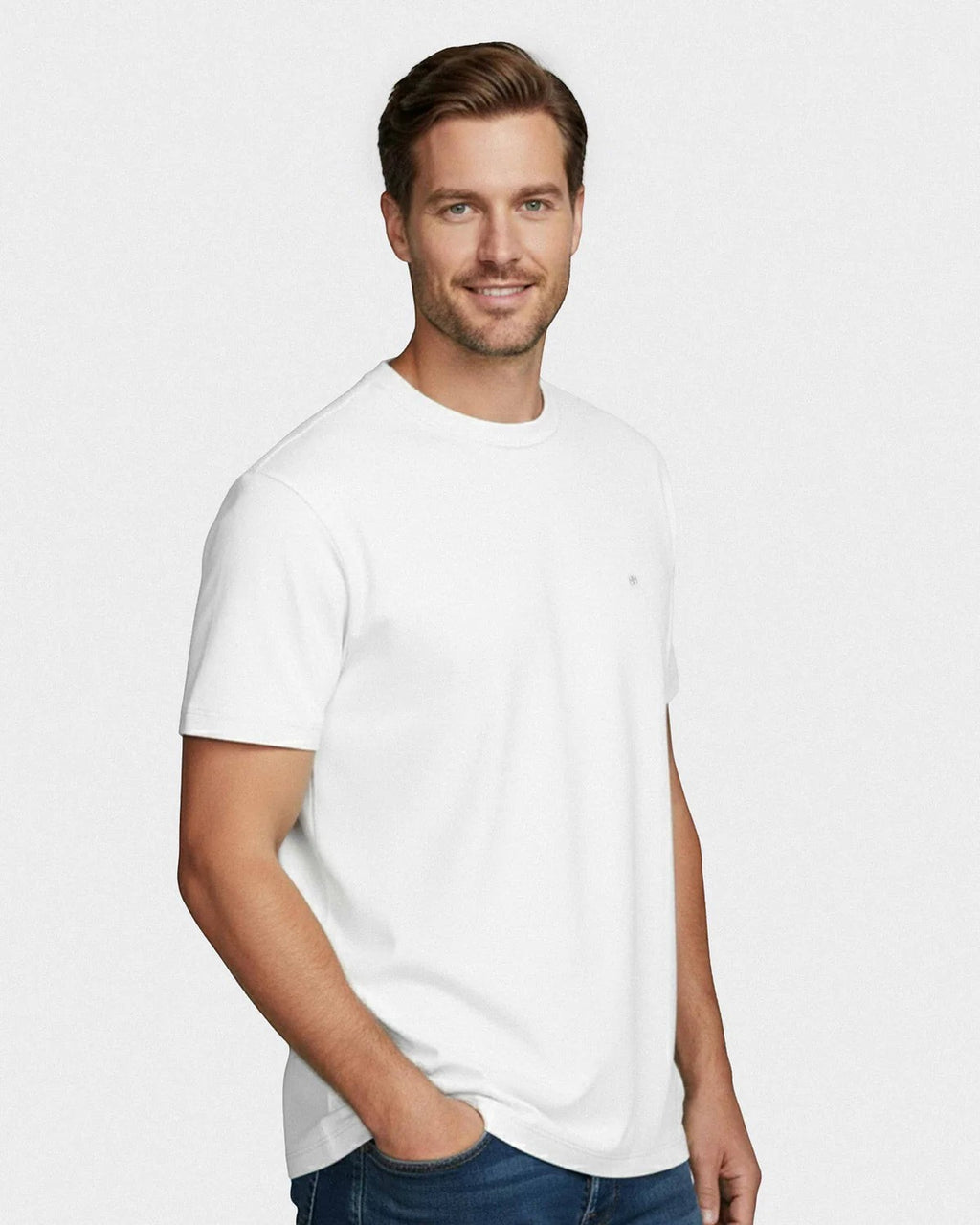 Maison Sarava men's white cotton t-shirt with round neck and subtle chest embroidery.