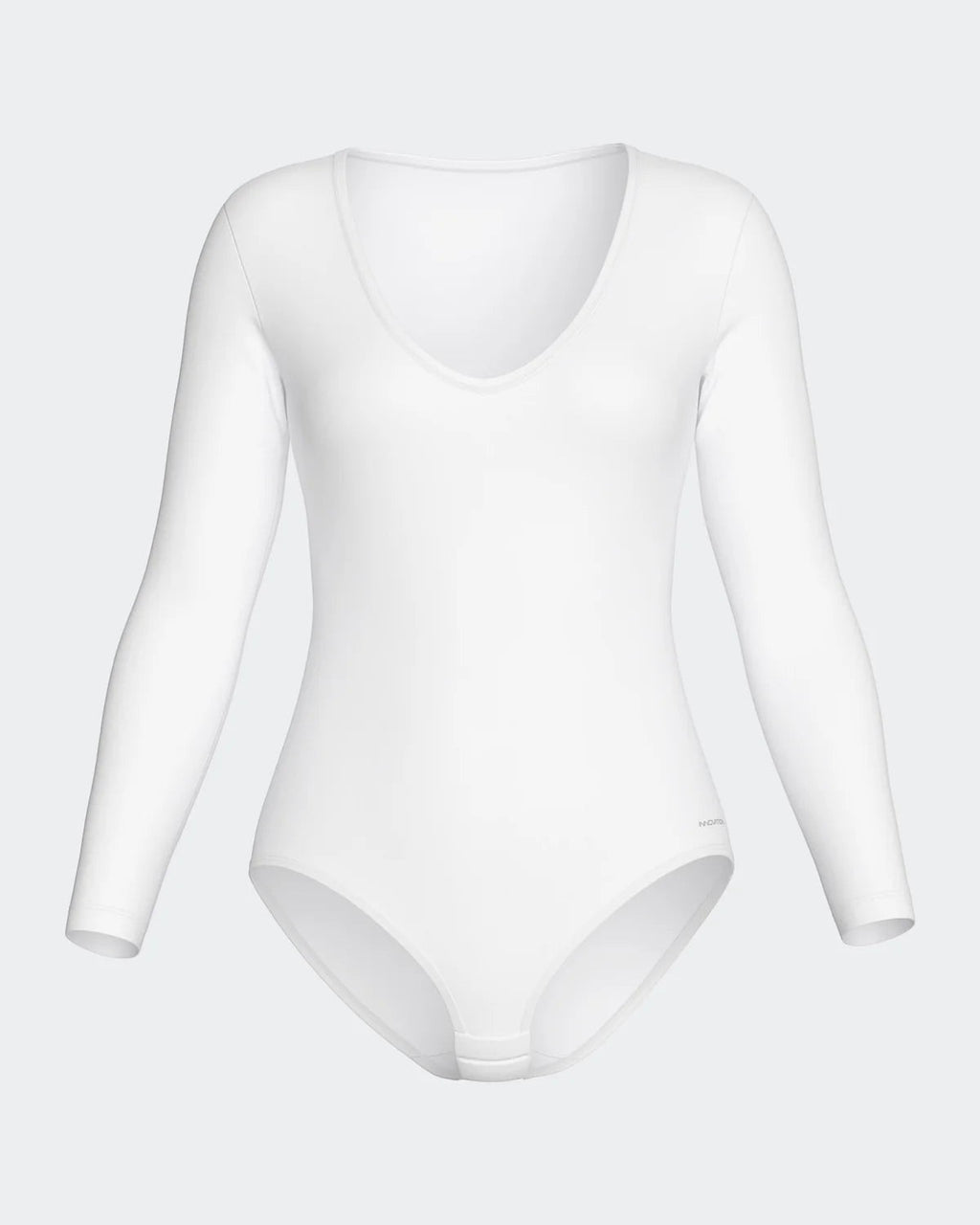 Maison Sarava white long sleeve V-neck bodysuit made from soft, breathable fabric for a smooth, second-skin feel.