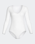 Maison Sarava white long sleeve V-neck bodysuit made from soft, breathable fabric for a smooth, second-skin feel.